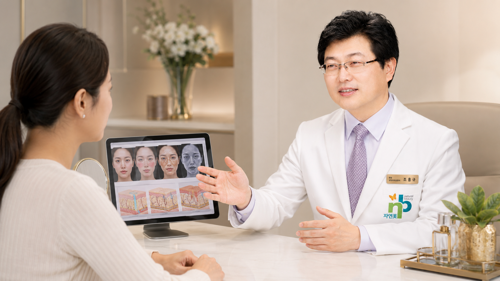 A consultation planning a tailored laser combination after skin diagnosis